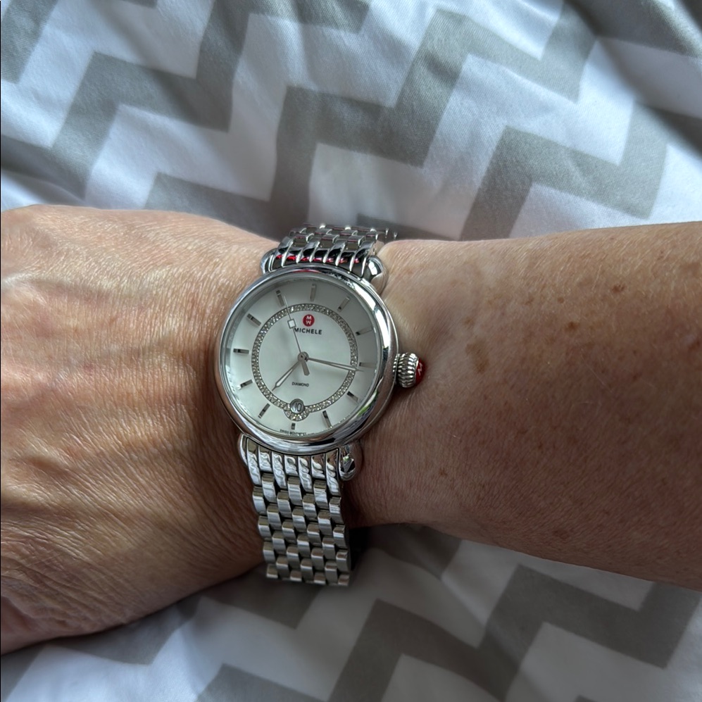 Michele Ss Timepiece With White Face With Diamonds And Date